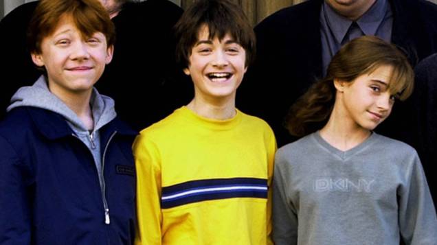 Rupert Grint, Daniel Radcliffe e Emma Watson e sessão de fotos, em 2001 Rupert Grint, Daniel Radcliffe e Emma Watson e sessão de fotos, em 2001