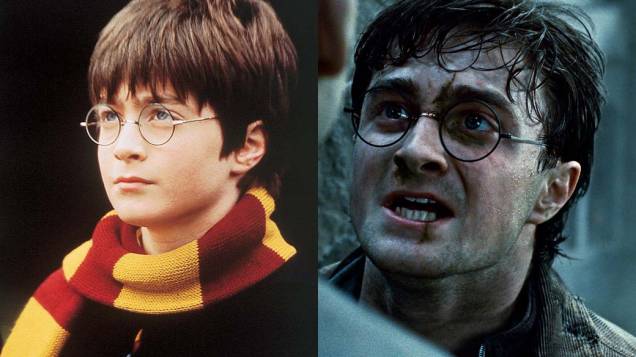 Daniel Radcliffe como Harry Potter em <em>Harry Potter e a Pedra Filosofal</em>, de 2001, e em <em>Harry Potter e as Relíquias da Morte: Parte 2</em>, de 2011 Daniel Radcliffe como Harry Potter em <em>Harry Potter e a Pedra Filosofal</em>, de 2001, e em <em>Harry Potter e as Relíquias da Morte: Parte 2</em>, de 2011