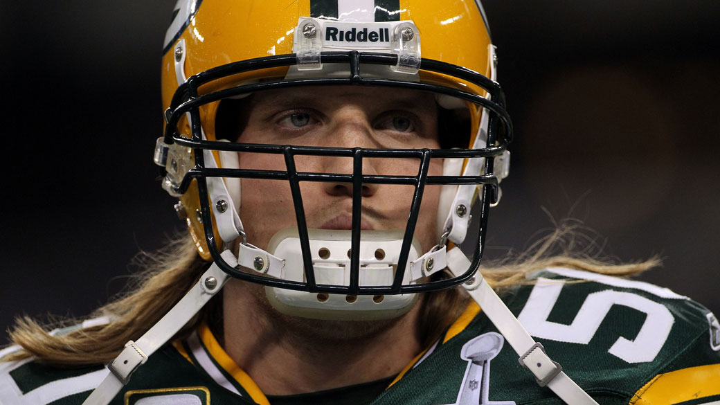 A.J.Hawks, jogador do Green Bay Packers, antes do jogo do Super Bowl XLV contra Pittsburgh Steelers no Cowboys Stadium, nos EUA