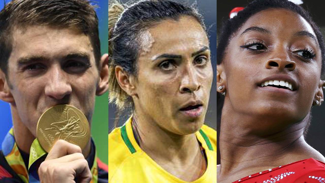 O nadador Michael Phelps, a jogadora Marta e a ginasta Simone Biles