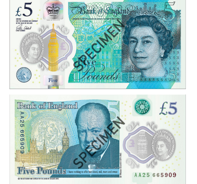 A rainha Elizabeth II também aparece na cédula de 5 libras esterlinas indicada ao prêmio. Em uma das faces da nota aparece ainda a imagem do ex-primeiro-ministro britânico Winston Churchill A rainha Elizabeth II também aparece na cédula de 5 libras esterlinas indicada ao prêmio. Em uma das faces da nota aparece ainda a imagem do ex-primeiro-ministro britânico Winston Churchill