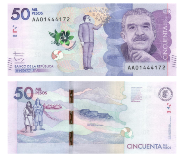 A cédula de 50 mil pesos, que traz o rosto do escritor Gabriel García Marquez, representa a Colômbia no prêmio A cédula de 50 mil pesos, que traz o rosto do escritor Gabriel García Marquez, representa a Colômbia no prêmio