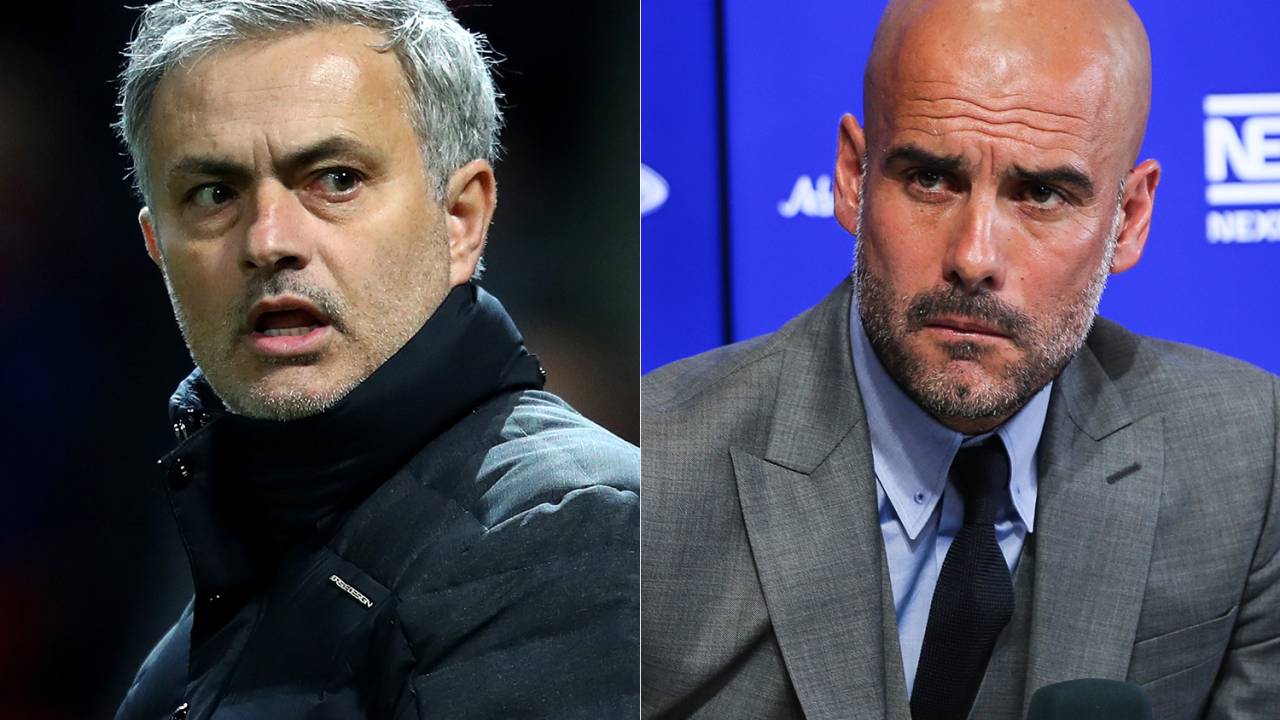 O técnico do Manchester United, José Mourinho, e o técnico do Manchester City, Pep Guardiola
