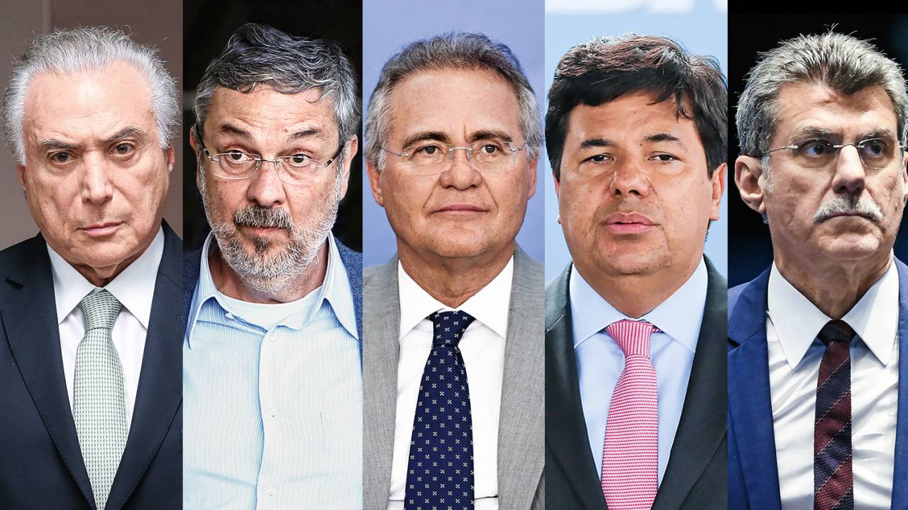 NA FILA - O presidente, Michel Temer, o ex-ministro Antonio Palocci, o presidente do Senado, Renan Calheiros, o ministro da Educação, Mendonça Filho, e o senador Romero Jucá: problemas à vista na Lava-Jato com a delação da Camargo Corrêa