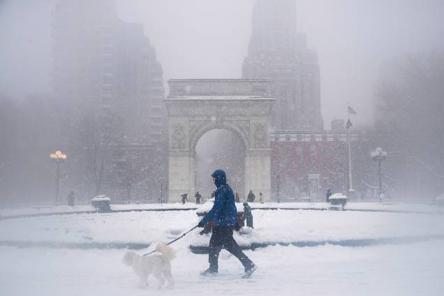 Homem passeia com seu cachorro no Washington Square Park - 09/02/2017 Homem passeia com seu cachorro no Washington Square Park - 09/02/2017