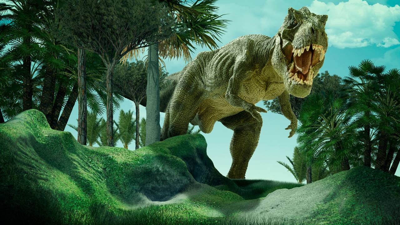 scene of the giant dinosaur destroy the park
