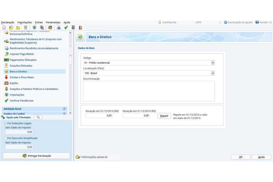 Na ficha “Bens e Direitos” devem ser incluídos todos os bens, no código indicado. Alguns cuidados devem ser tomados, principalmente em relação aos valores de imóveis. Esses valores não podem ser atualizados de acordo com a variação da inflação, ou valor de mercado. Somente poderão ser atualizados os imóveis que receberam benfeitorias, que devem ser comprovadas, se solicitado pela Receita Federal do Brasil.