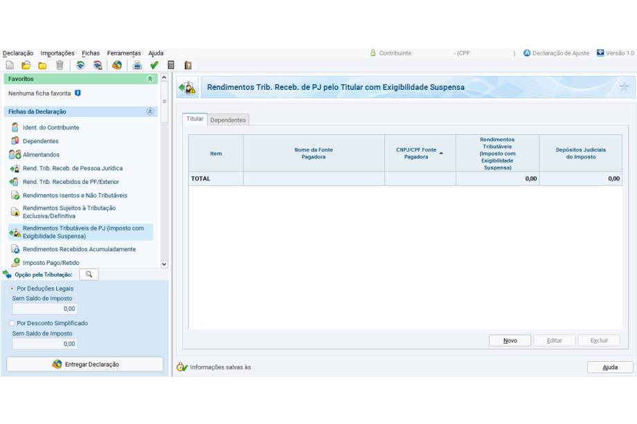 Na ficha “Rendimentos Tributáveis de PJ (Imposto com exigibilidade suspensa)” devem ser incluídos os rendimentos em que o contribuinte esteja contestando a cobrança de imposto. Nesse caso, deve-se clicar no botão “Novo”, e preencher todas as informações solicitadas.