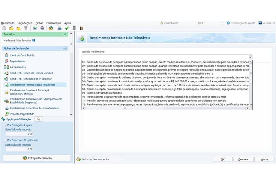 Na ficha “Rendimentos Isentos e Não Tributáveis” devem ser incluídos os rendimentos que, por determinação legal, não estão sujeitos à incidência de Imposto de Renda, como os rendimentos de poupança. O contribuinte deverá escolher o código mais adequado ao caso, incluindo as informações solicitadas. Os rendimentos de dependentes devem ser incluídos. Na aba “Totais” podem-se verificar todos os códigos e valores inseridos como não tributáveis.