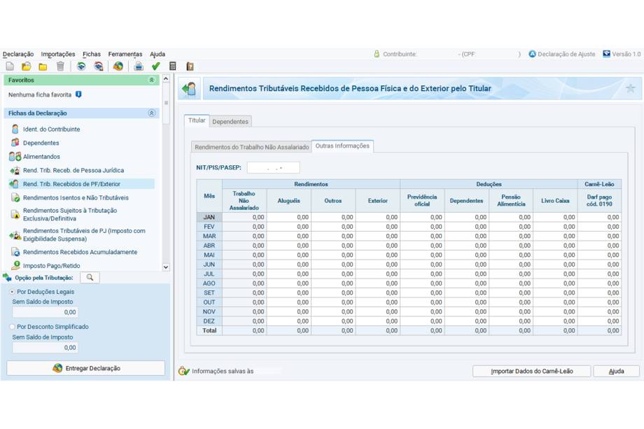 Na ficha “Rendimentos recebidos de PF/Exterior”, na aba “Rendimentos do Trabalho Não Assalariado”, devem ser incluídos rendimentos de trabalhos eventuais ou de prestação de serviço autônoma, recebidos diretamente de pessoa física. É possível importar os dados diretamente do programa do carnê-leão, utilizado por profissionais autônomos. Na aba “Outras Informações”, incluir os rendimentos de aluguéis, os obtidos no exterior, ou qualquer outro. Ressalta-se que os rendimentos obtidos em moeda estrangeira devem ser convertidos em dólar americano de acordo com o câmbio da data do recebimento e, depois, em reais, seguindo o valor para compra fixado pelo Banco Central para o último dia útil da primeira quinzena do mês anterior ao do recebimento do dinheiro.