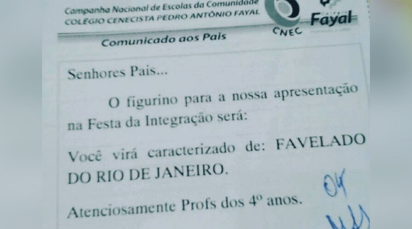 Colégio de SC pede que alunos se vistam como ‘favelados do Rio’