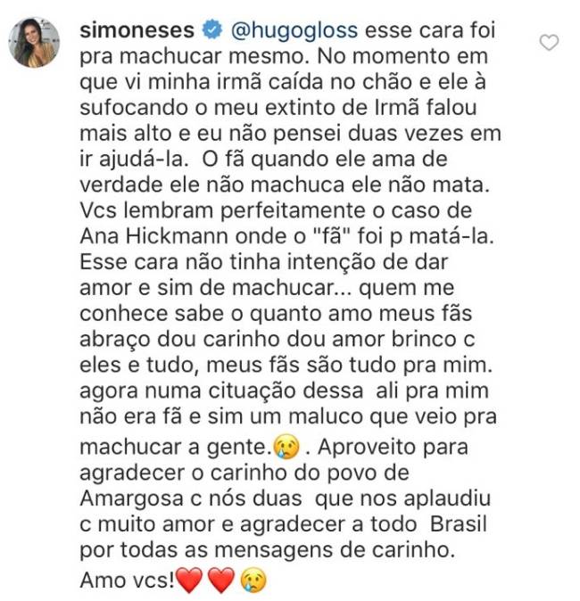 Simone fala sobre fã que derrubou sua irmã, Simaria, durante um show da dupla