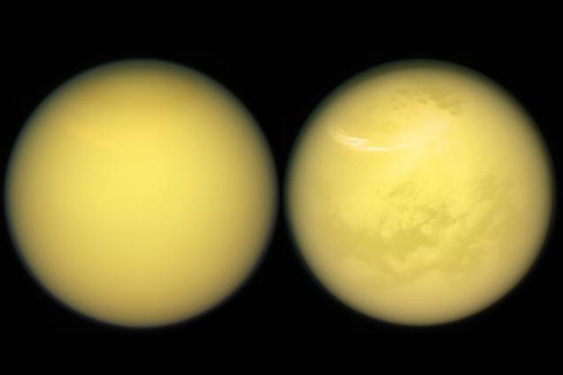 Detalhes de Titã, que mostram a superfície da lua, assim como as nuvens e a névoa presente na atmosfera do astro. Detalhes de Titã, que mostram a superfície da lua, assim como as nuvens e a névoa presente na atmosfera do astro.