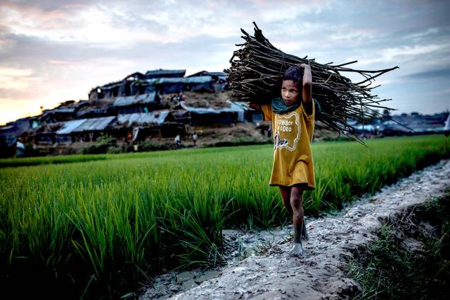 Menino rohingya carrega lenha em um campo de refugiados em Bangladesh - 10/09/2017 Menino rohingya carrega lenha em um campo de refugiados em Bangladesh - 10/09/2017