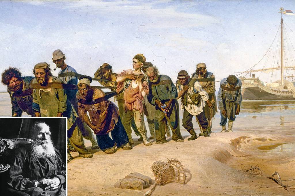 Idealização e realismo – Tolstoi com seu figurino de camponês (no destaque) e Os Barqueiros do Volga (1873), de Repin: o pintor considerava o escritor um hipócrita