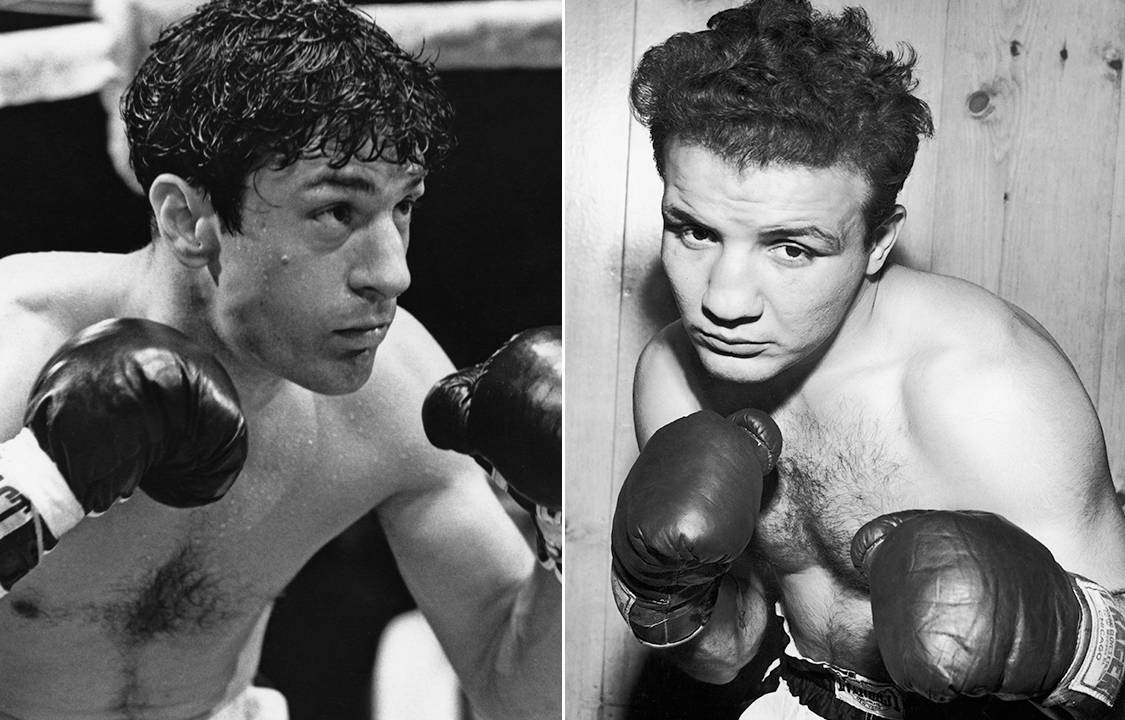 Robert de Niro (à esq.) interpretando o boxeador Jake LaMotta (à dir.), no filme Touro Indomável