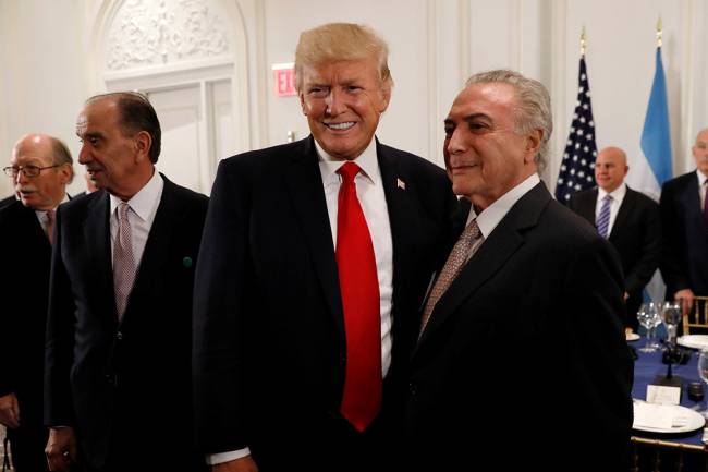 O presidente Michel Temer durante jantar com o presidente americano Donald Trump, em Nova York