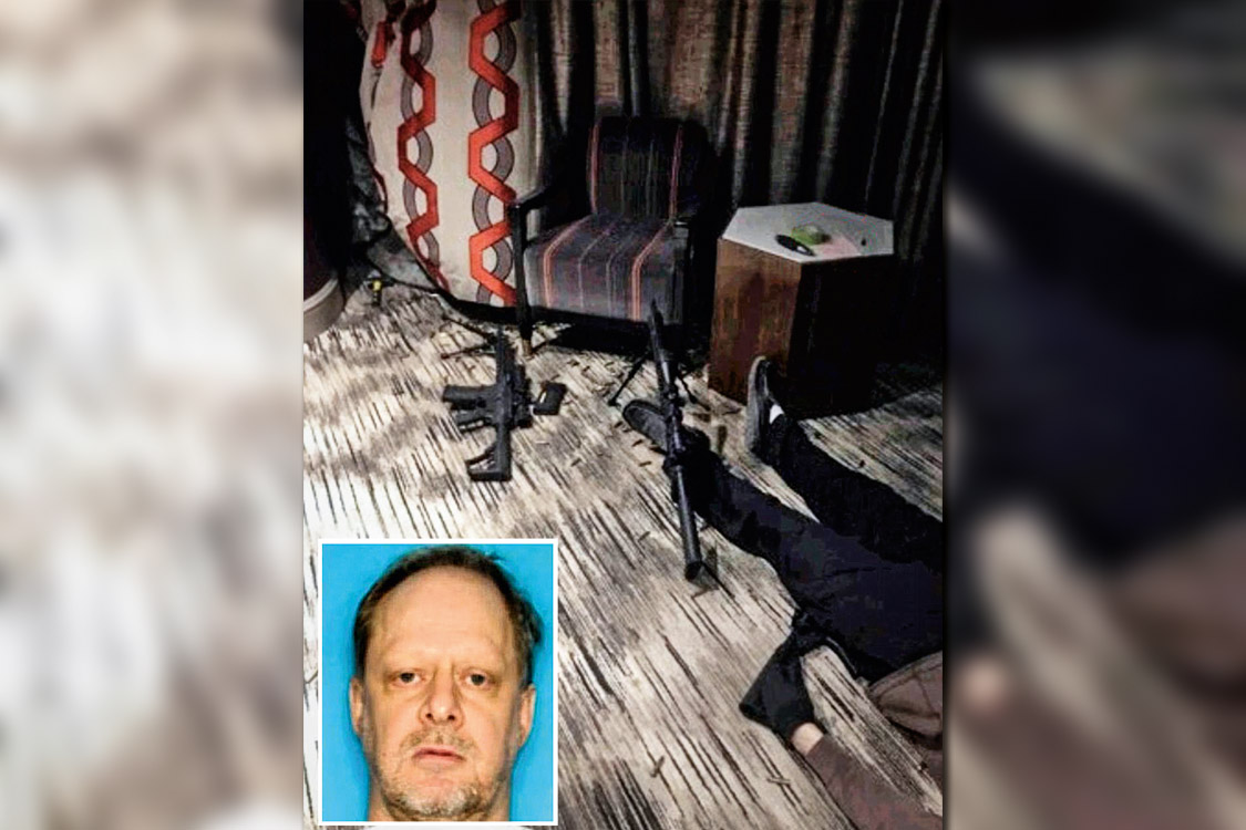 Preparado &ndash; O interior do quarto usado por Paddock (no detalhe) e seu corpo