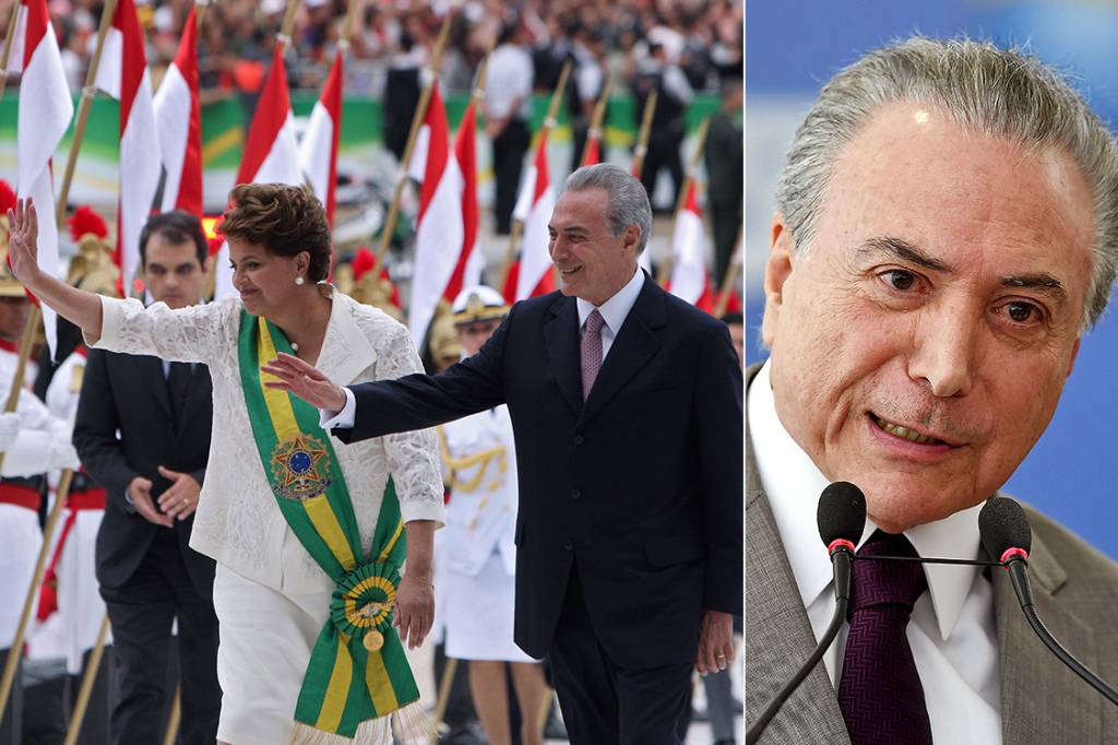 Presidente Dilma e o vice, Michel Temer na primeira foto e presidente Michel Temer após Impeachment de Dilma Rousseff, na segunda