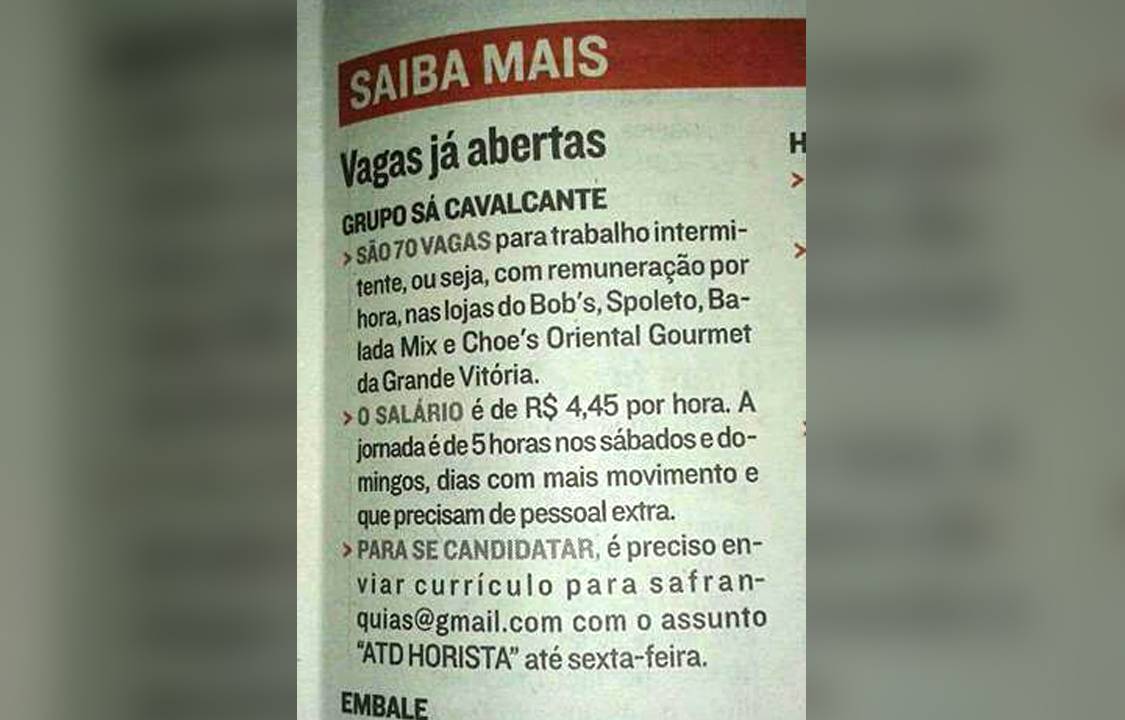 Página do Facebook "Vagas Arrombadas" expõe vaga de emprego com remuneração imcompatível