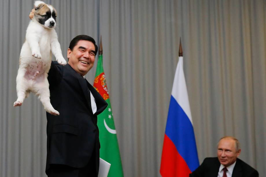 O presidente do Turcomenistão, Gurbanguly Berdimuhamedov, apresenta um cão de pastor turcomano, conhecido localmente como Alabai, ao seu homólogo russo, Vladimir Putin, durante uma reunião em Sochi, na Rússia - 11/10/2017