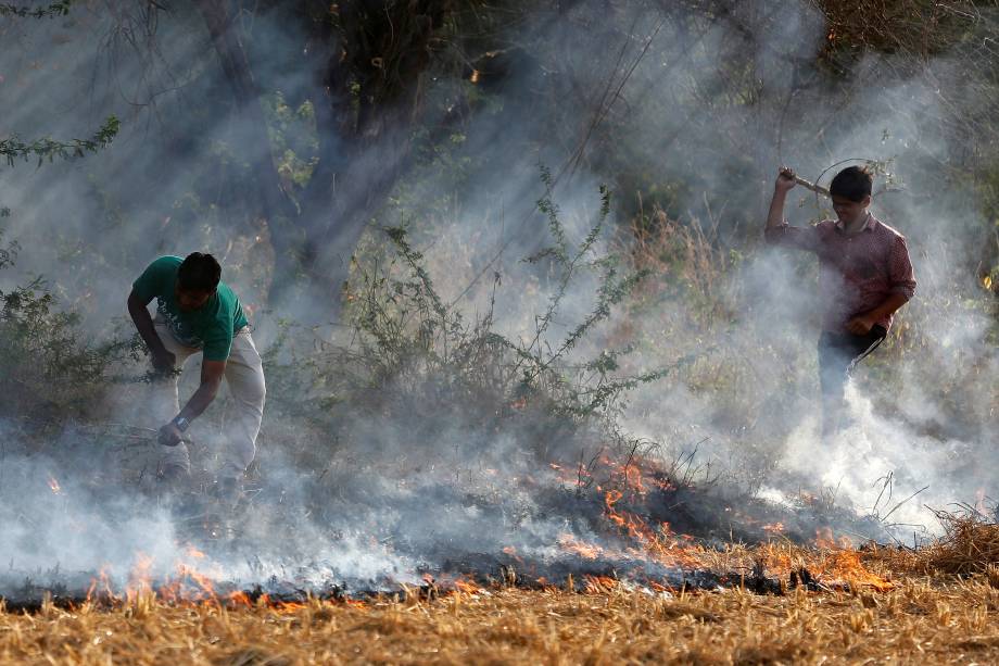 Fazendeiros queimam resíduos de arroz em um campo nos arredores de Ahmedabad, na Índia - 15/11/2017