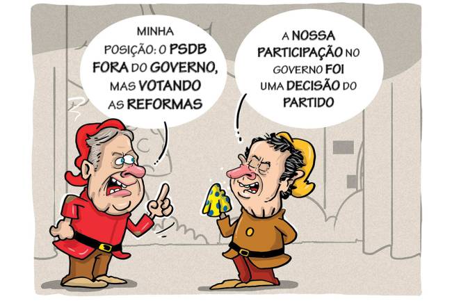 Tasso Zangado e Aécio Atchim batem boca sobre a saída do PSDB do governo. Zangado quer sair já. Atchim quer ficar, pois ali se sente protegido dos ventos gripais