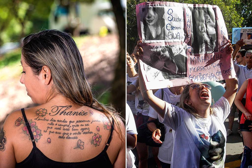 Carina Correa, 39 anos, (à dir.) durante manifestação na frente do gabinete do prefeito