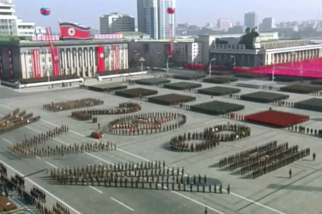 This screen grab taken from North Korea's KCTV on February 8, 2018 shows members of North Korea's military taking part in a parade, with missiles being displayed, in Kim Il Sung Square in Pyongyang. This screen grab taken from North Korea's KCTV on February 8, 2018 shows members of North Korea's military taking part in a parade, with missiles being displayed, in Kim Il Sung Square in Pyongyang.