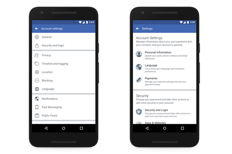 Novo menu de configurações do Facebook