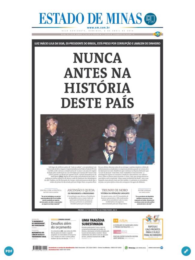 Manchete do jornal Estado de Minas de 8 de março de 2018