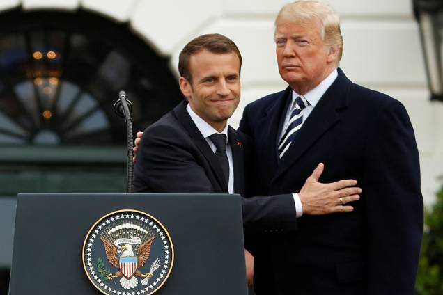 Presidente da França Emmanuel Macron e o Presidente dos Estados Unidos Donald Trump participam de conferência na Casa Branca em Washington D.C - 24/04/2018 Presidente da França Emmanuel Macron e o Presidente dos Estados Unidos Donald Trump participam de conferência na Casa Branca em Washington D.C - 24/04/2018
