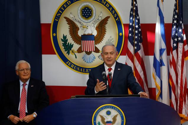 O primeiro-ministro de Israel, Benjamin Netanyahu, discursa durante a abertura da embaixada dos EUA em Jerusalém - 14/05/2018 O primeiro-ministro de Israel, Benjamin Netanyahu, discursa durante a abertura da embaixada dos EUA em Jerusalém - 14/05/2018
