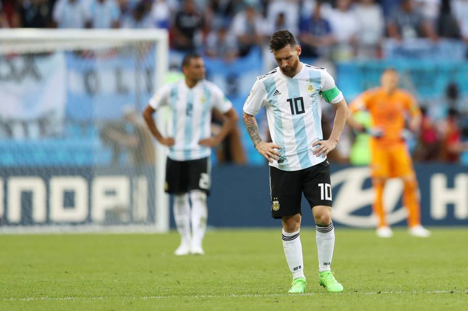 O atacante argentino Lionel Messi durante partida contra a França, válida pelas oitavas de final da Copa do Mundo em Kazan - 30/06/2018