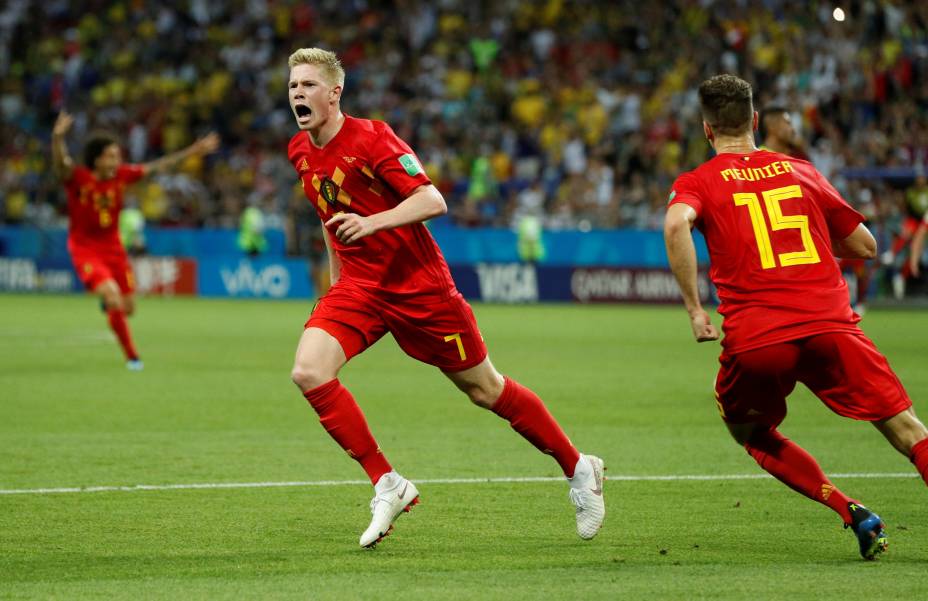 Kevin De Bruyne comemora o segundo gol da Bélgica contra o Brasil na Arena Kazan - 06/07/2018