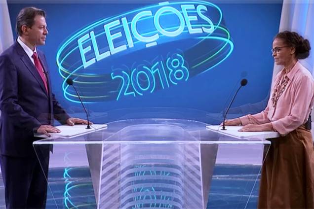 Fernando Haddad (PT) e Marina Silva (Rede), durante debate entre presidenciáveis realizado pela TV Globo - 04/10/2018 Fernando Haddad (PT) e Marina Silva (Rede), durante debate entre presidenciáveis realizado pela TV Globo - 04/10/2018