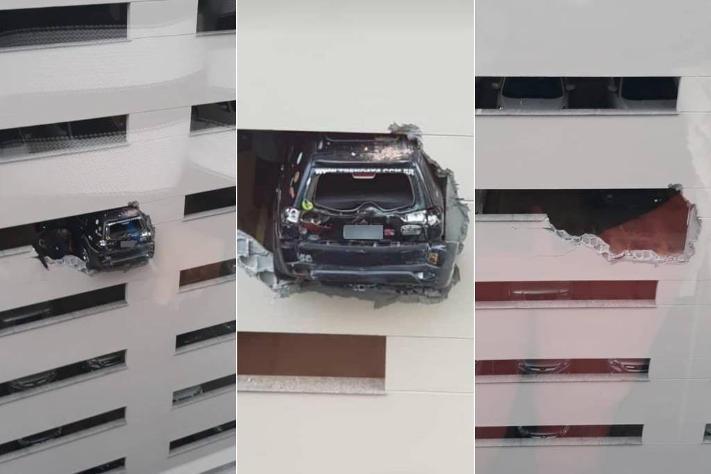 Carro bate em parede de garagem e fica pendurado em prédio no Rio