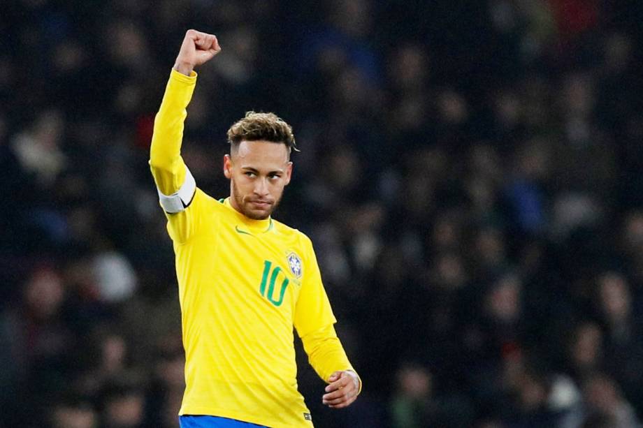 Neymar comemora após marcar gol de pênalti durante partida amistosa contra o Uruguai, realizada em Londres - 16/11/2018 Neymar comemora após marcar gol de pênalti durante partida amistosa contra o Uruguai, realizada em Londres - 16/11/2018