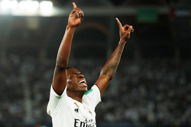 Vinícius Júnior, jogador do Real Madrid,comemora após gol contra de Yahia Nader - o quarto gol da equipe espanhola - durante partida válida pela final do Mundial de Clubes da FIFA - 22/12/2018 Vinícius Júnior, jogador do Real Madrid,comemora após gol contra de Yahia Nader - o quarto gol da equipe espanhola - durante partida válida pela final do Mundial de Clubes da FIFA - 22/12/2018