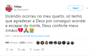 felipe-twitterJogador Felipe escapa do incêndio que matou jogadores da base do Flamengo no CT Ninho do Urubu