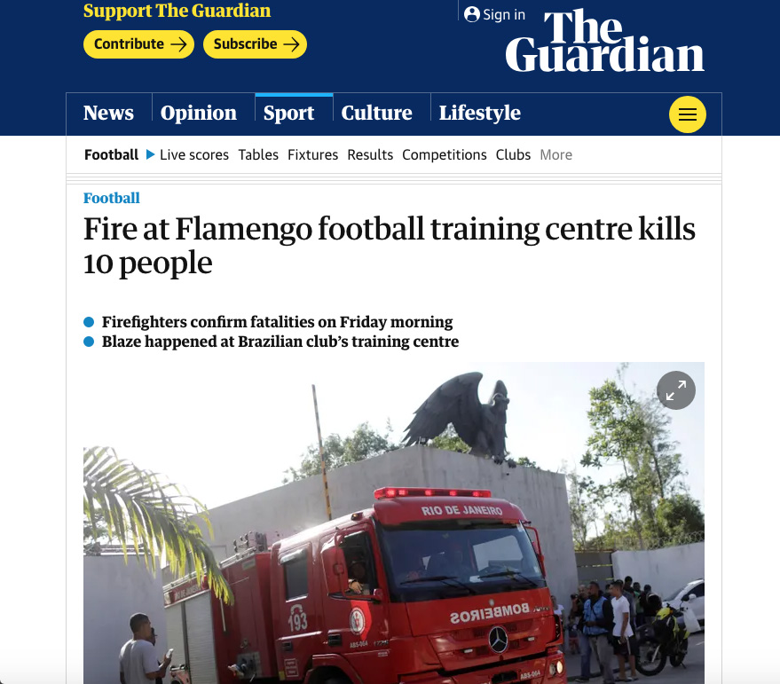 Jornais internacionais veiculam incêndio no CT Ninho do Urubu Jornais internacionais veiculam incêndio no CT Ninho do Urubu