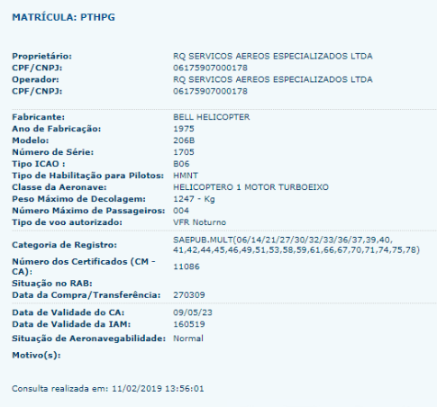 Registro do helicóptero Registro do helicóptero