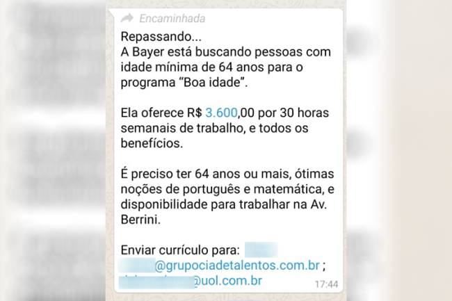 Fake news sobre recrutamento de pessoas para o programa ‘Boa idade’ Fake news sobre recrutamento de pessoas para o programa ‘Boa idade’