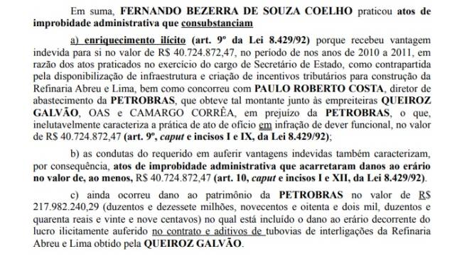 Trecho da petição que acusa Fernando Bezerra Coelho de ilícitos