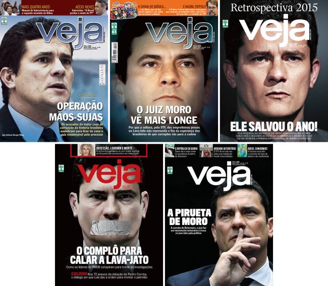 Sergio Moro TRATADO COMO HERÓI - O ex-juiz Sergio Moro foi capa de VEJA em diversas oportunidades, a maioria a seu favor: embora ele tenha sido fundamental na luta contra a corrupção, não se pode fechar os olhos ante as irregularidades cometidas
