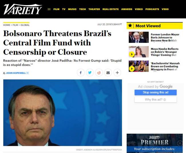 Revista ‘Variety’ fala sobre ameaça de Bolsonaro à Ancine Revista ‘Variety’ fala sobre ameaça de Bolsonaro à Ancine
