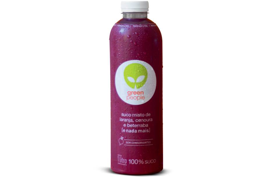 Natural de verdade (suco Greenpeople) - Manufaturado sem conservantes, corantes nem adoçantes artificiais. Uma embalagem de 350 ml corresponde a 1,5 kg de frutas e vegetais prensados