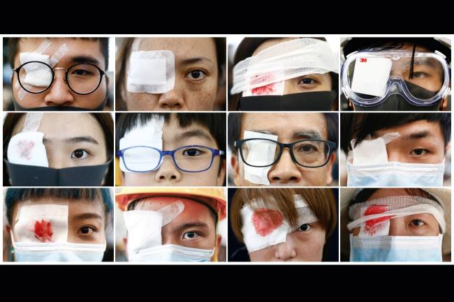 A combination picture shows anti-extradition bill protesters wearing an eyepatch, in reference to a demonstrator that was injured at previous day’s clashes with police during a protest inside the airport terminal in Hong Kong