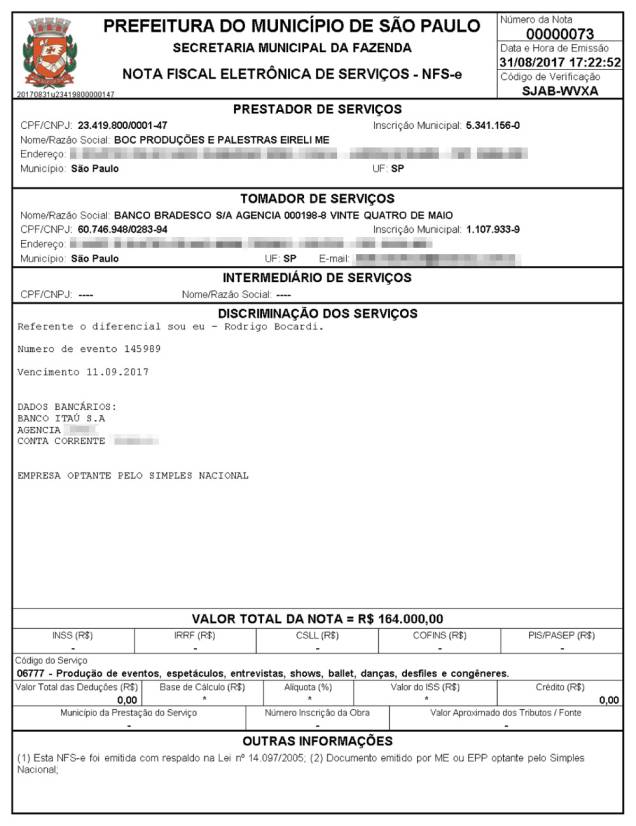 Nota fiscal emitida por BOC Produções e Palestras, que pertence a Bocardi: empresa aberta em 2015 Nota fiscal emitida por BOC Produções e Palestras, que pertence a Bocardi: empresa aberta em 2015