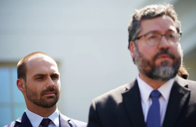 Brazil’s Foreign Minister speaks to reporters outside the White House after meetings with US officials .